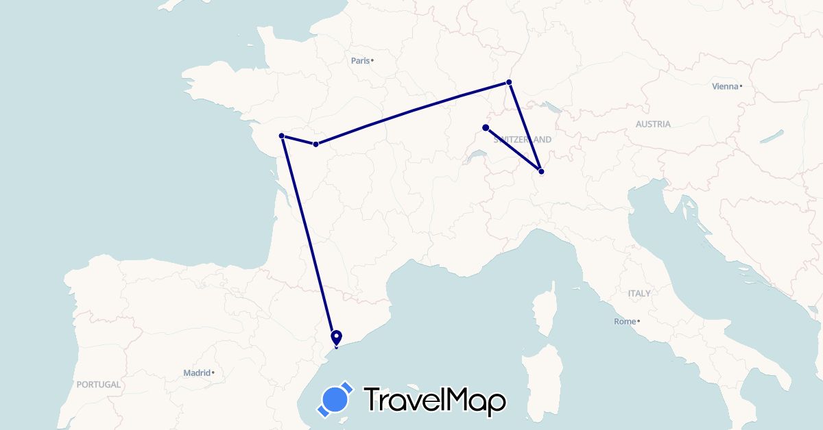 TravelMap itinerary: driving in Switzerland, Germany, Spain, France (Europe)